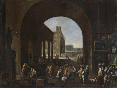 Kunstmarkt onder een grote poort met uitzicht op een druk Italiaans plein door Unbekannt Unbekannt